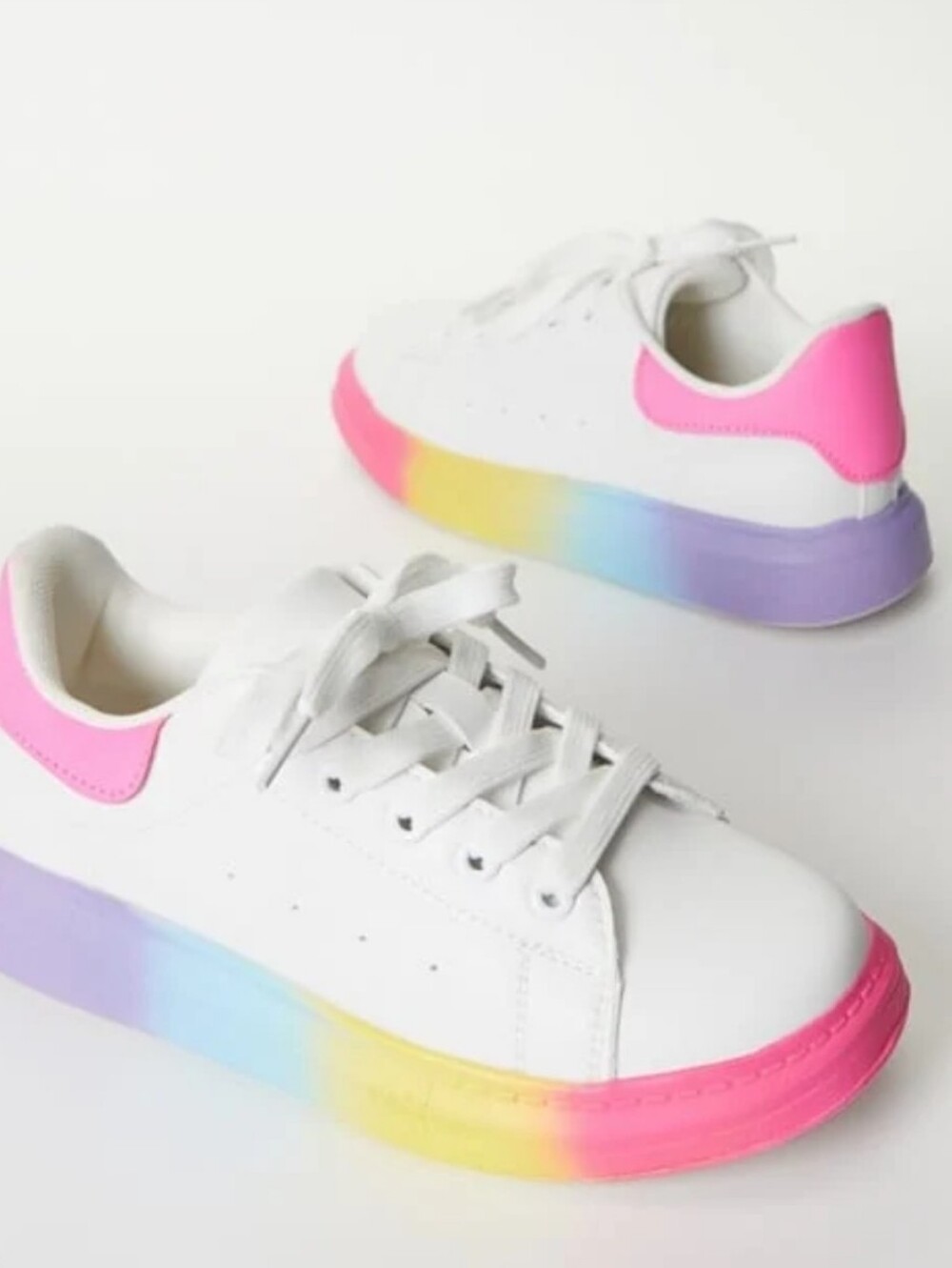 NWOT Kids White Sneakers with Pink Heel and Rainbow Sole, Size 7T